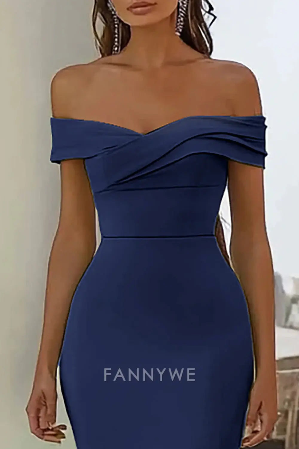 FannyWe Simple Navy Off the Shoulder Mermaid Long Satin Formal Dress